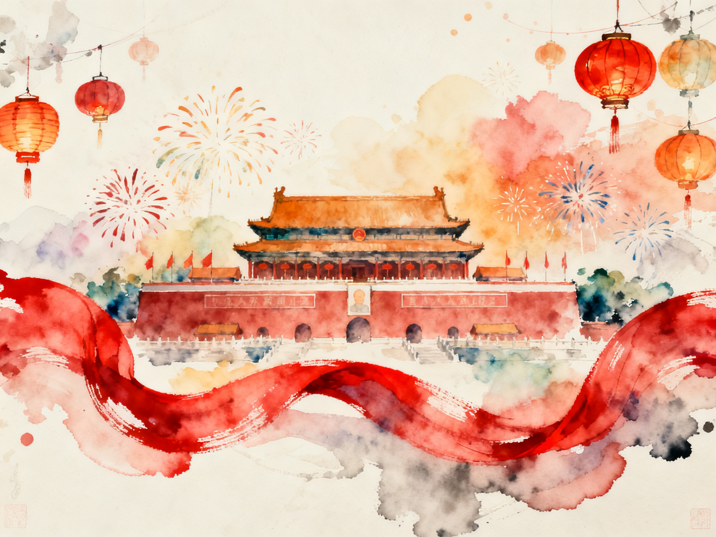 jimeng-2026-09-30-6594-生成国庆主题的海报,彩色水墨质感,不用任何文字,天安门在中间,前景是红色飘带不用....png